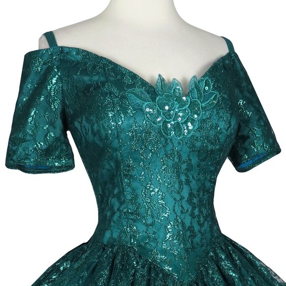 Vintage 80s Gunne Sax Green Metallic Lurex Floral Lace Full Skirt Prom Dress S - Picture 10 of 12